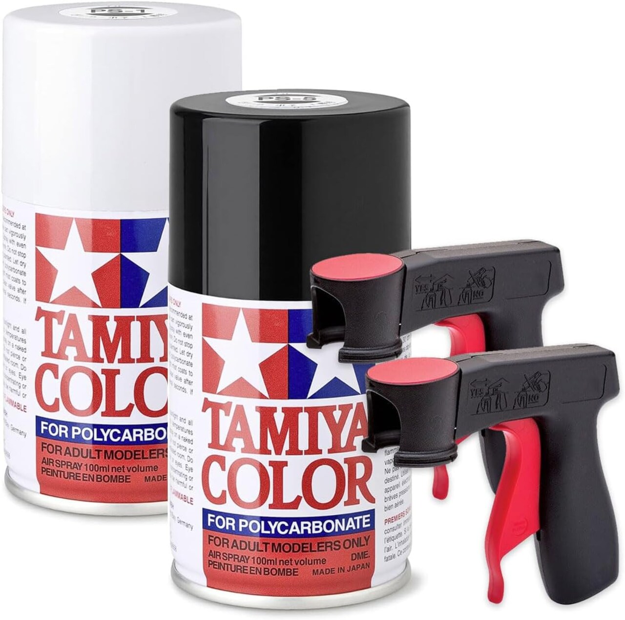 Tamiya TS-26 White and PS-5 Black Spray Paint Bundle with 2 Pixiss Spray Can Holders – High-Gloss Lacquer and Polycarbonate Paint for Models and R/C Car Bodies